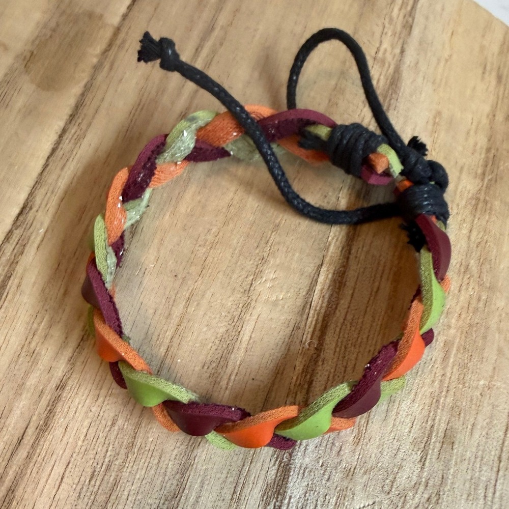 Handmade Braided Leather Cord Bracelet Orange Green Burgundy Adjustable Boho